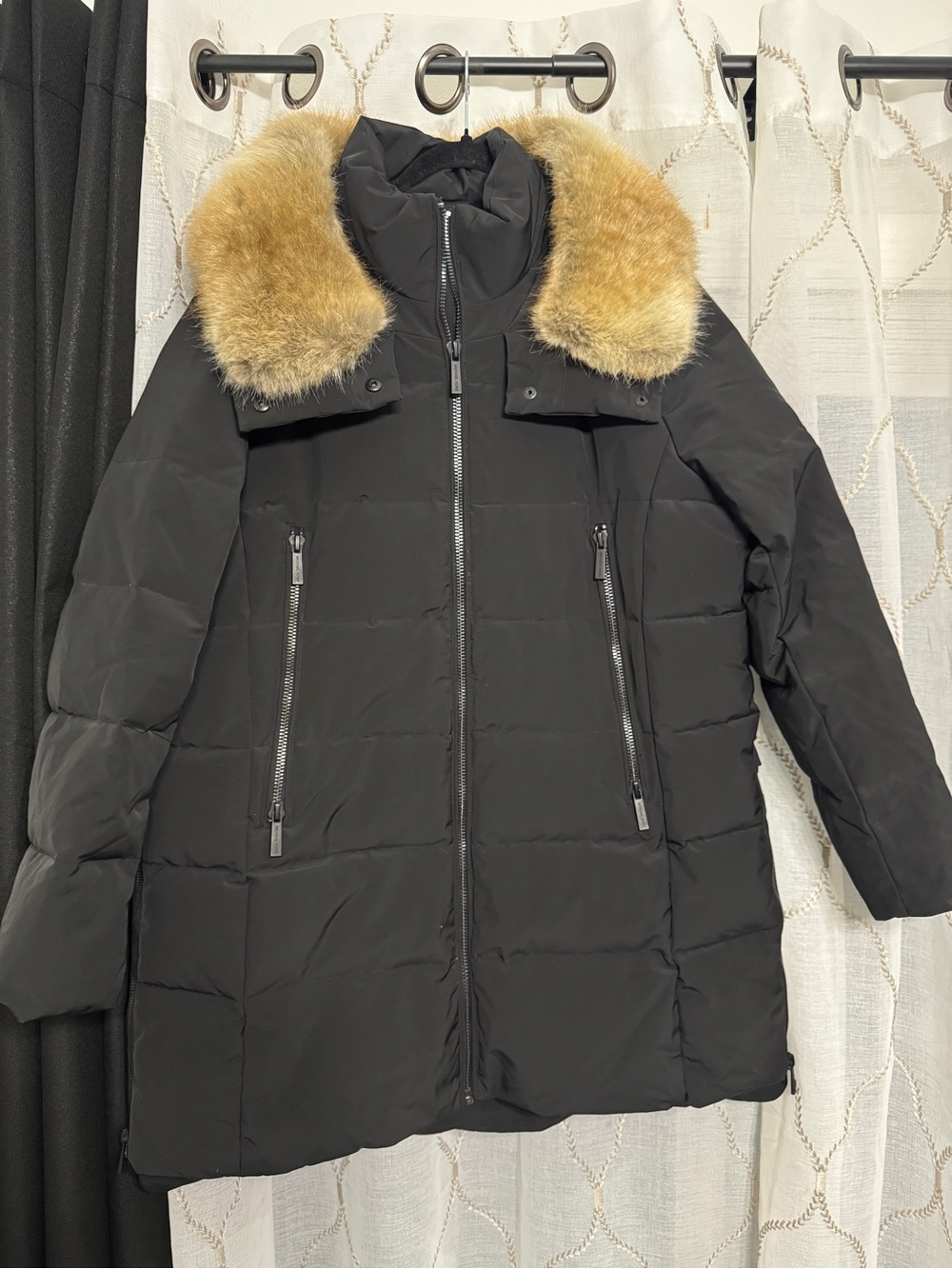 MICHAEL Michael Kors Black Puffer Coat with Tan Faux-Fur Collar